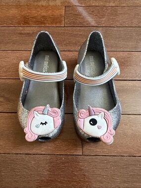 Mini Melissa Silver Glitter Mary Janes with Pink Unicorn Appliques